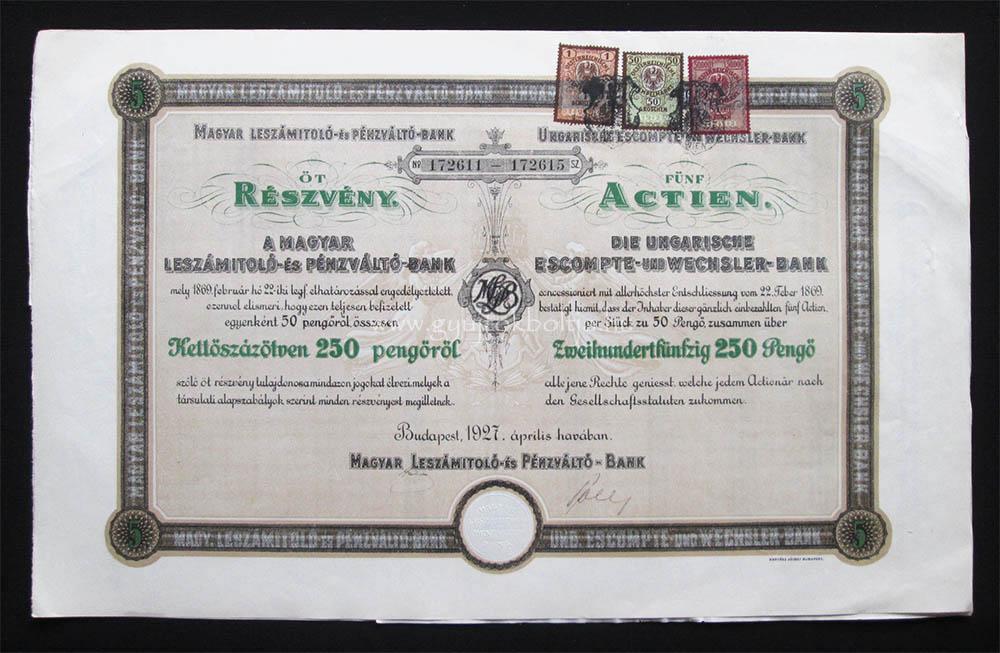 Magyar Leszmitol s Pnzvlt Bank rszvny 5x50 peng 1927